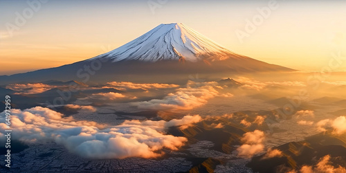 Aerial Panorama Landscape of Fuji Mountain. Iconic and Symbolic Mountain of Japan.generative ai