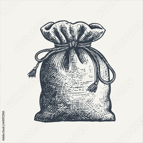 Burlap sack. Vintage engraving style woodcut vector illustration.	