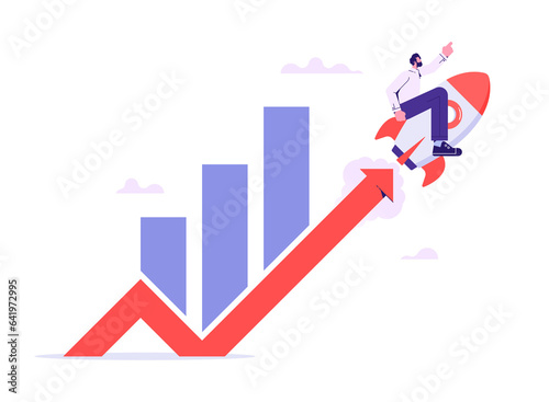 Growth or investment, wealth or earning rising up graph, business sales or profit increase concept, financial graph with exponential arrow from flying rocket