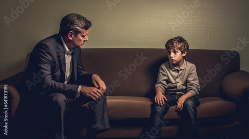 Psychotherapist working with little boy in office. Psychotherapy concept.