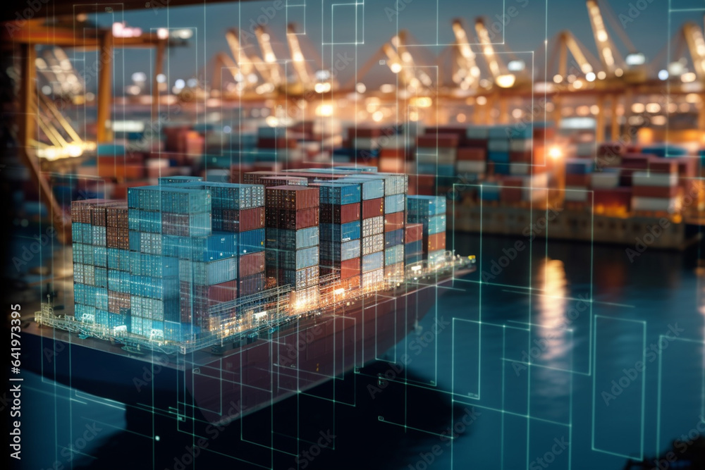 Obraz premium Container Cargo freight ship with working crane bridge for Logistic Import Export background.