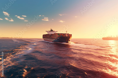 Container Ship in the ocean at sunset. 3D Rendering. © Creative