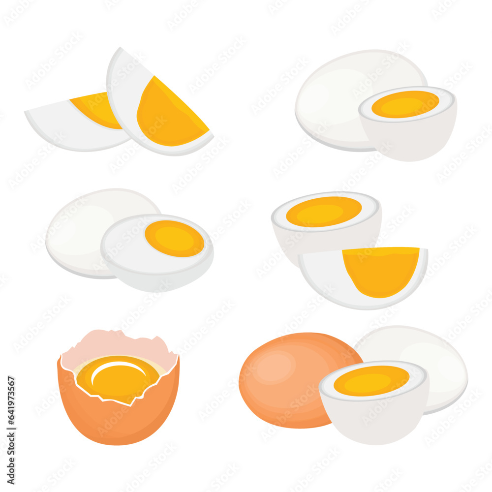 Vector illustration set of eggs in boxes, fried, boiled and cracked in cartoon flat style. Farmer product, organic farm food icons. Poultry production, chicken eggs isolated on white background