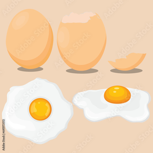 Vector illustration of single egg fried in cartoon flat style. Farmer product, organic food logo and icon for shop, restaurant, etc. Agricultural chicken egg cooking ingredient isolated on pink backgr