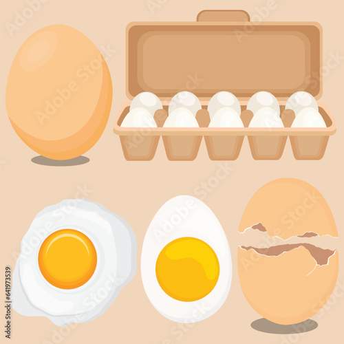 Vector illustration set of eggs in boxes in cartoon flat style. Farmer product, organic farm food icons and logo. Poultry production, natural chicken eggs healthy protein isolated on white background