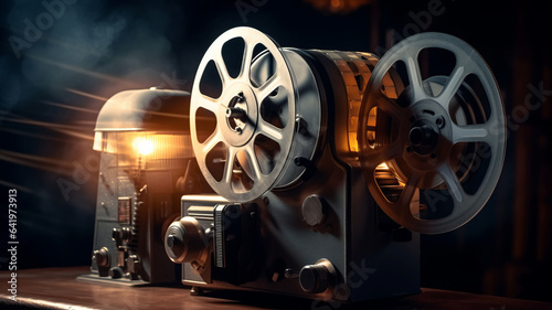 photograph of A movie projector and film reels on a dark background.generative ai