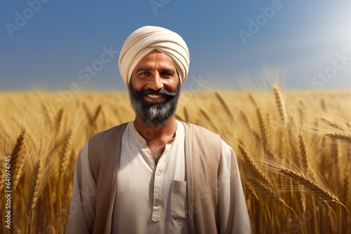 Canvas Print A happy Indian Punjabi farmer wearing traditional turban standing in front of a