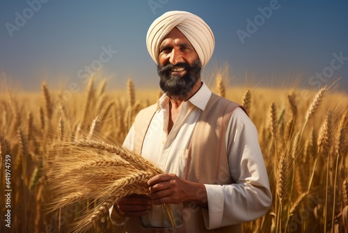 A happy Indian Punjabi farmer wearing traditional turban standing in front of a wheat farm photo