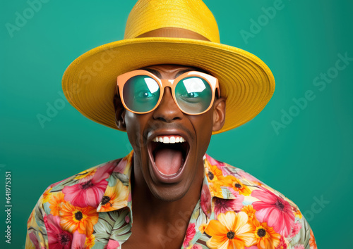 Portrait of a happy young African American man in hat and sunglasses over green background. created by generative AI technology. © hakule