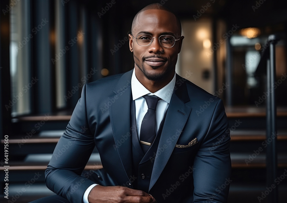 Handsome African American businessman in suit and eyeglasses. created by generative AI technology. Handsome African American businessman in suit and eyeglasses. created by generative AI technology.