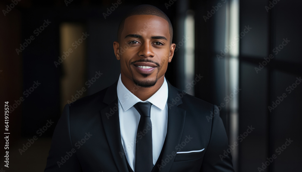 Portrait of handsome young African businessman in black suit looking at camera. created by generative AI technology. Portrait of handsome young African businessman in black suit looking at camera. created by generative AI technology.