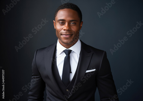 Portrait of a handsome young African man in suit on black background. created by generative AI technology.