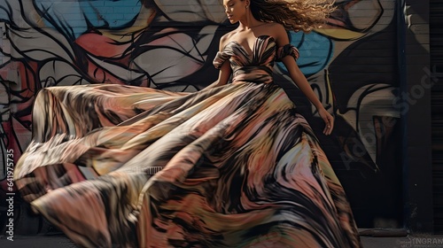 Profile shot of a model wearing haute couture, caught mid-twirl, with dramatic side lighting against an urban graffiti backdrop