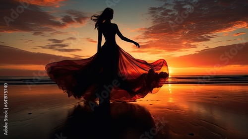 Silhouette of a model in a flowy gown, captured against a dramatic sunset on a beach