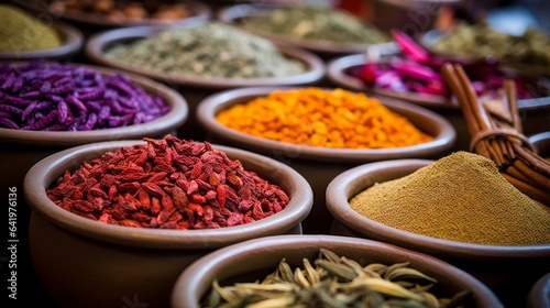  Detailed textures of colorful spices in a market. © ArtisanSamurai