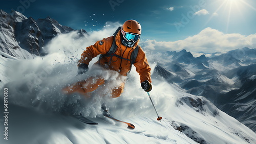 A skier jumps down a steep snowy mountain slope.