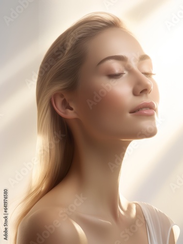 woman with flawless skin against a white backdrop  accentuated by the soft shadow and gentle illumination of sunshine beautiful woman skincare concept