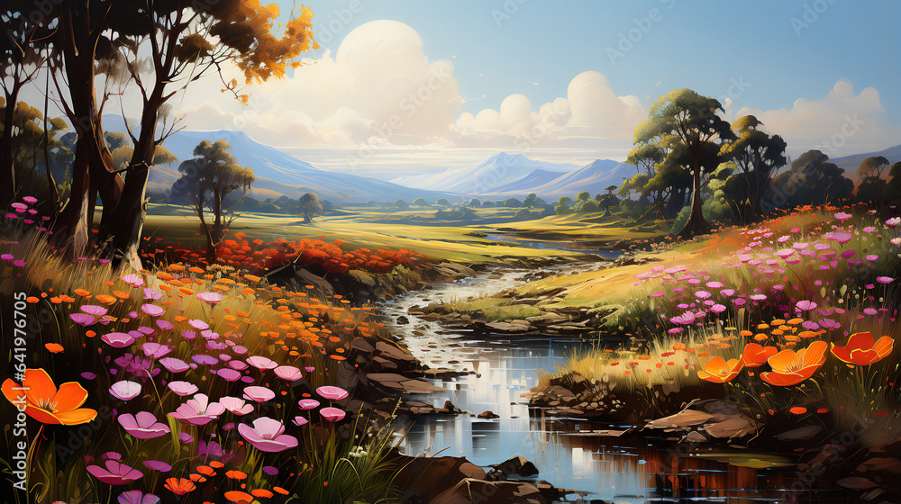 Obraz premium Bright landscape with blooming flowers and colorful forest.