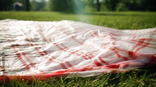 Red and white plaid picnic blanket on top of a green field in sunny day on grass of lawn in summer park. Blurred Background. Generative AI