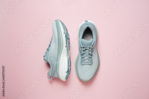 New light blue green female modern running shoe on pink background. Stylish monochrome shoes for active people that incorporate new health technology. Top view