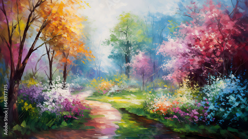 Bright landscape with blooming flowers and colorful forest. Oil painting.