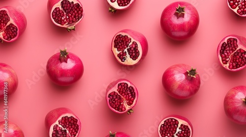 Fresh pomegranate pattern, top view, flat lay, on pink background. photo