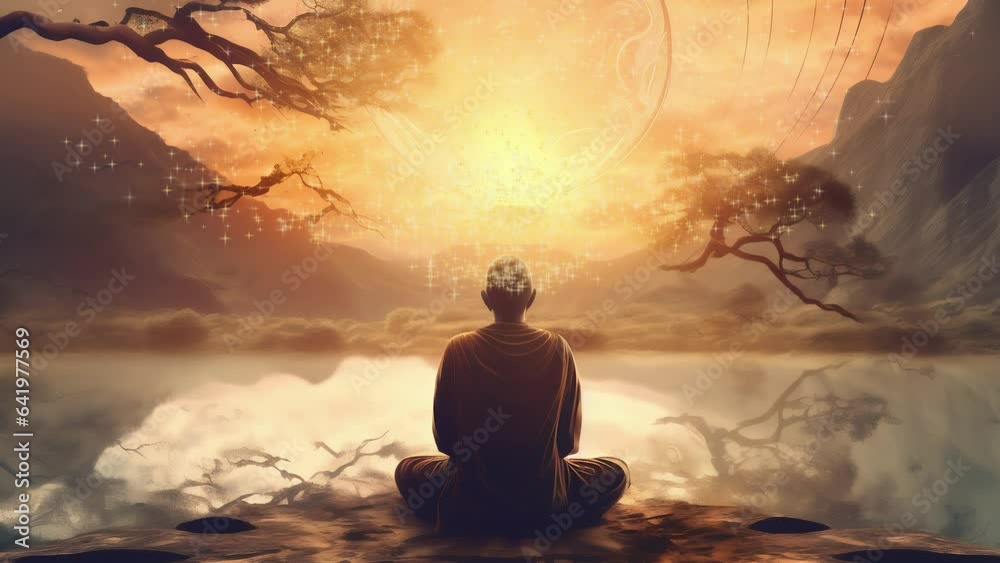 Abstract concept of energy exchange through meditation. Silhouette of a person on a nature background. AI Generative. High quality 4k footage