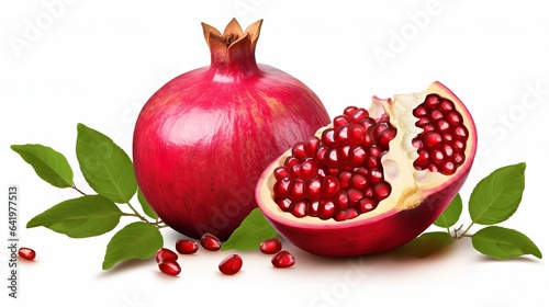 Pomegranate with leaves and half of pomegranate, isolated on a white background.