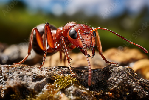 Closeup Image of Red Small Ant Standing on the Rock Stone in Outdoor AI Generative © heartiny