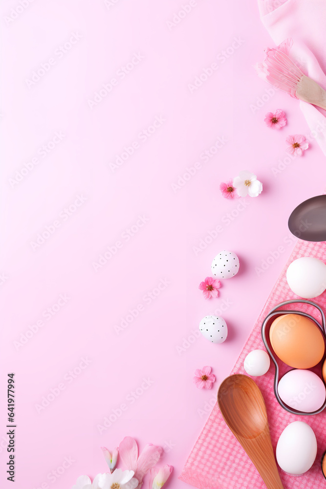 Easter baking background.Concept of cooking traditional festive food. Kitchen utensils on pink pastel color paper.Idea of home kitchen decor. Space for a text