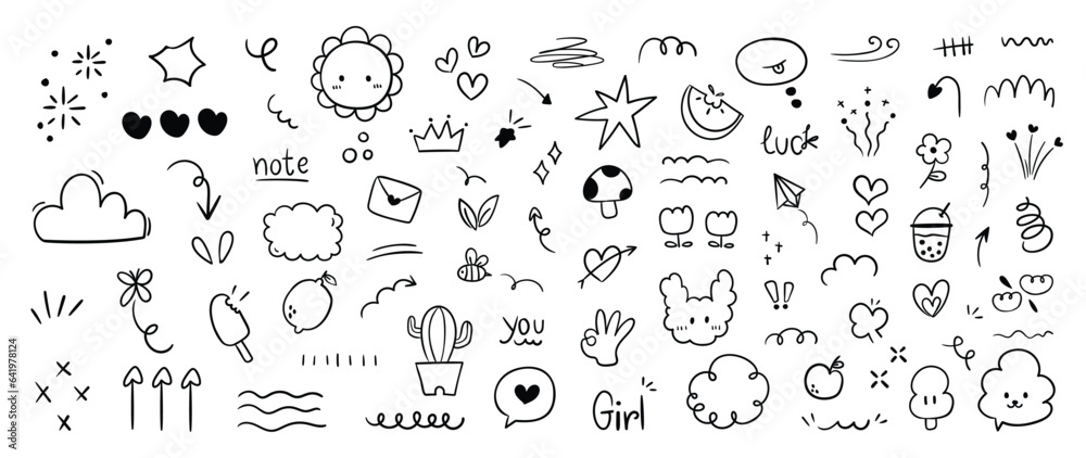 Set of cute pen line doodle element vector. Hand drawn doodle style collection of speech bubble, arrow, firework, heart, crown, flower, fart. Design for decoration, sticker, idol poster, social media.