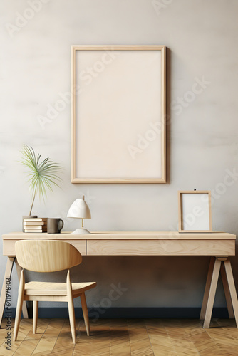 mockup empty, blank artwork oak frame, inside an inviting rustic office room, earthy palette. The walls soft cream or beige color
