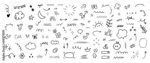 Set of cute pen line doodle element vector. Hand drawn doodle style collection of speech bubble, arrow, rocket, butterfly, crown, heart. Design for decoration, sticker, idol poster, social media. photo