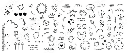 Set of cute pen line doodle element vector. Hand drawn doodle style collection of speech bubble, arrow, firework, heart, crown, flower, fart. Design for decoration, sticker, idol poster, social media.