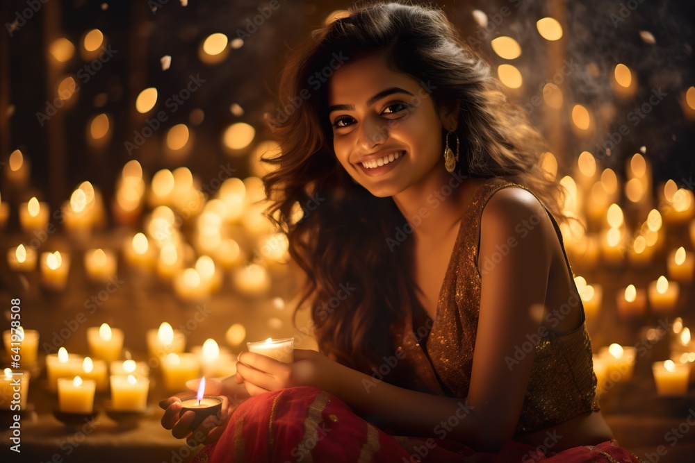 Portrait of a smiling Indian ethnic female in the background of Diwali festival lights
Portrait of a smiling Indian ethnic female in the background of Diwali festival lights
