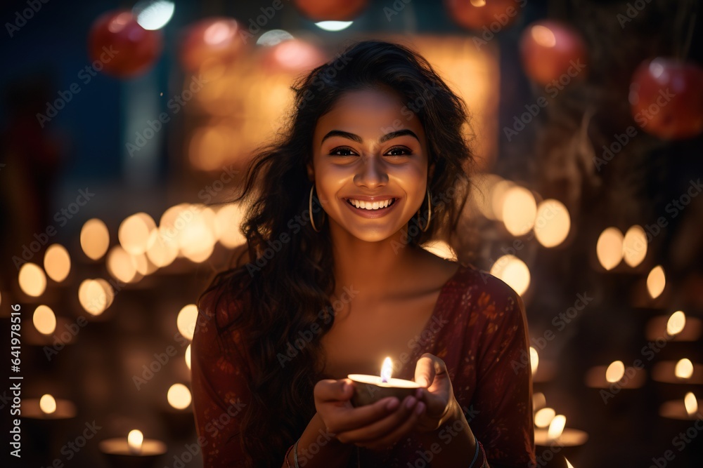 Young cute Indian ethnic female holding diya on occasion of Diwali celebration Young cute Indian ethnic female holding diya on occasion of Diwali celebration