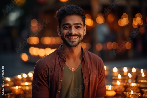 Portrait of a smiling Indian ethnic male in the background of Diwali festival lights