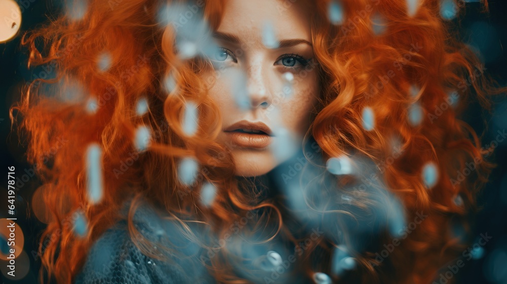 Portrait of redhead woman with curly hair and freckles