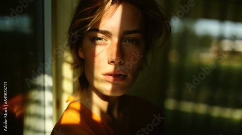Sunlight beam shining on woman's face inside room