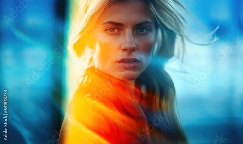 Portrait of blonde woman with intense look standing under blue and orange lights