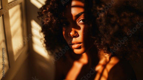 Black woman portrait by the window  with sunlight shining on her face