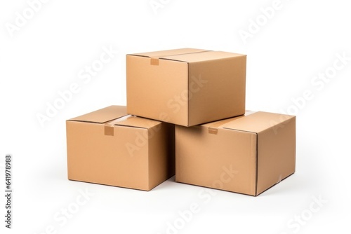 Clean, plain cardboard boxes in stock , white background, isolated on white. Generative AI. © Dusit