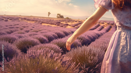 a women stretching her hand out to the lavander field, cute dress, beautifull view.Generative ai