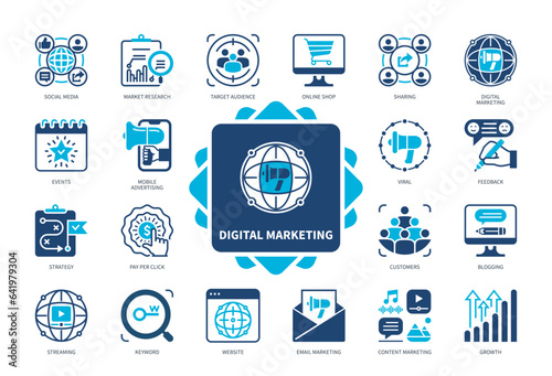 Digital Marketing icon set. Market Research, Viral, Mobile Advertising, Growth, Pay per Click, Sharing, Social Media, Strategy. Duotone color solid icons
