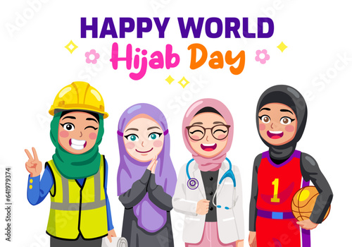 Happy world hijab day vector illustration in various professions
