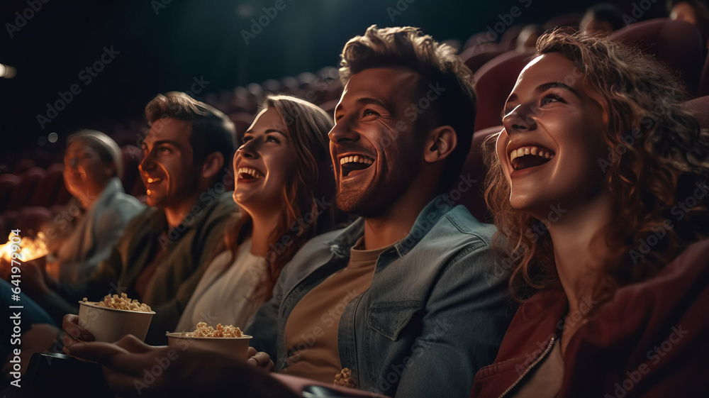 Group of cheerful people laughing while watching movie in cinema.generative ai
