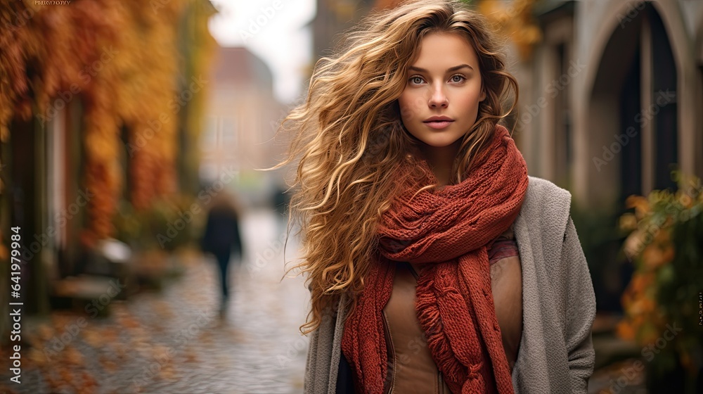 Fototapeta premium Model wrapped in a chunky knit scarf, walking on a cobblestone path, with a blurred background of a quaint European town in the autumn season