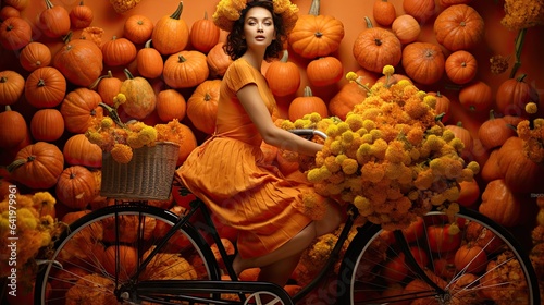 Model on a bicycle, captured in motion, with baskets full of pumpkins and chrysanthemums, highlighting the essence of harvest season