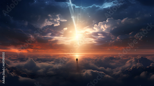 alone person looking at heaven. Lonely man standing in fantasy landscape with shining cloudy sky. Meditation and spiritual life