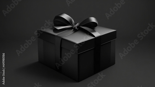 Black gift box with black ribbon on dark background. 3D render